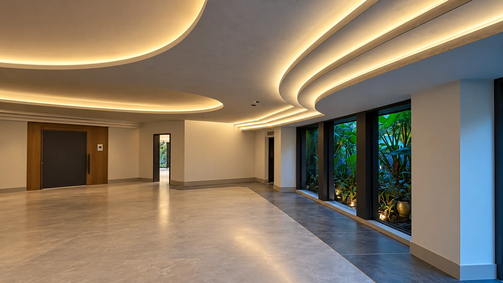 Architectural interior with curved cove lighting completed by All Set Electrical